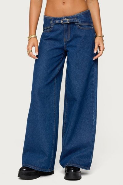 Edikted Edie Belted Low Rise Wide Leg Jeans In Blue