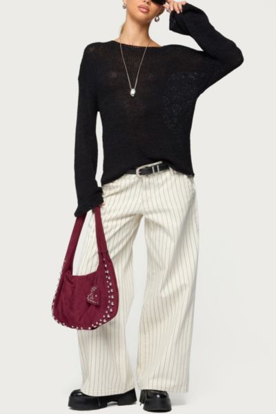 Edikted Petite Cory Striped Low Rise Jeans In Cream, Women's At Urban Outfitters In Neutral