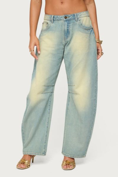Edikted Cayden Low Rise Denim Washed Barrel Jeans In Blue