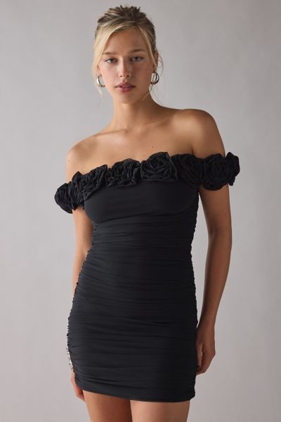 Afrm Zami Ruched Rosette Off-the-shoulder Mini Dress In Noir, Women's At Urban Outfitters In Black