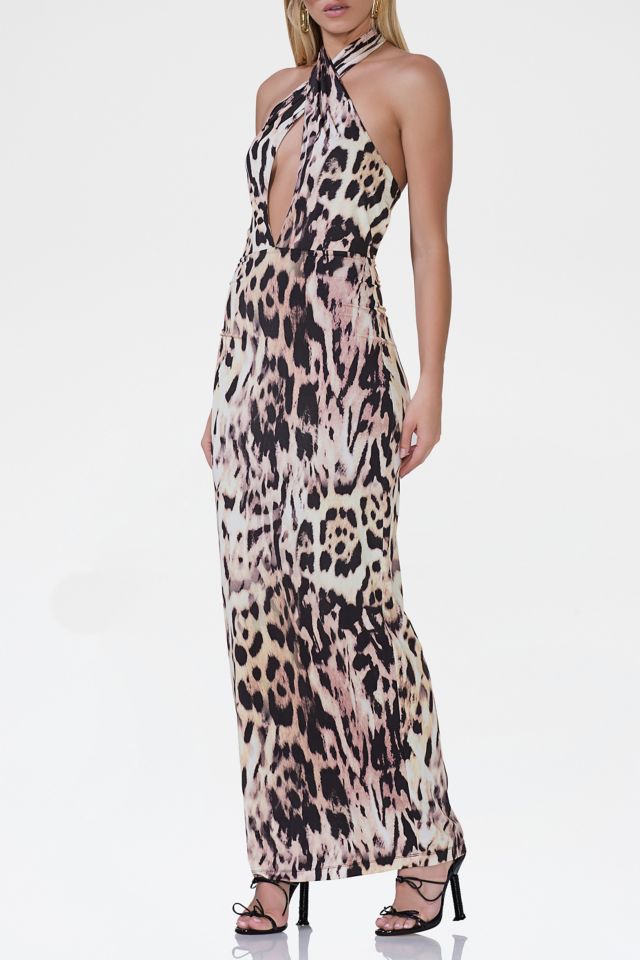 AFRM Genie Leopard Print Jersey Knit Halter Tie Maxi Dress #1