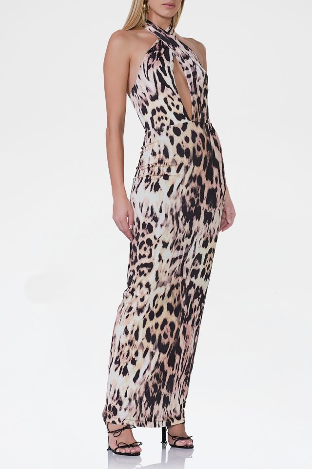AFRM Genie Leopard Print Jersey Knit Halter Tie Maxi Dress #2