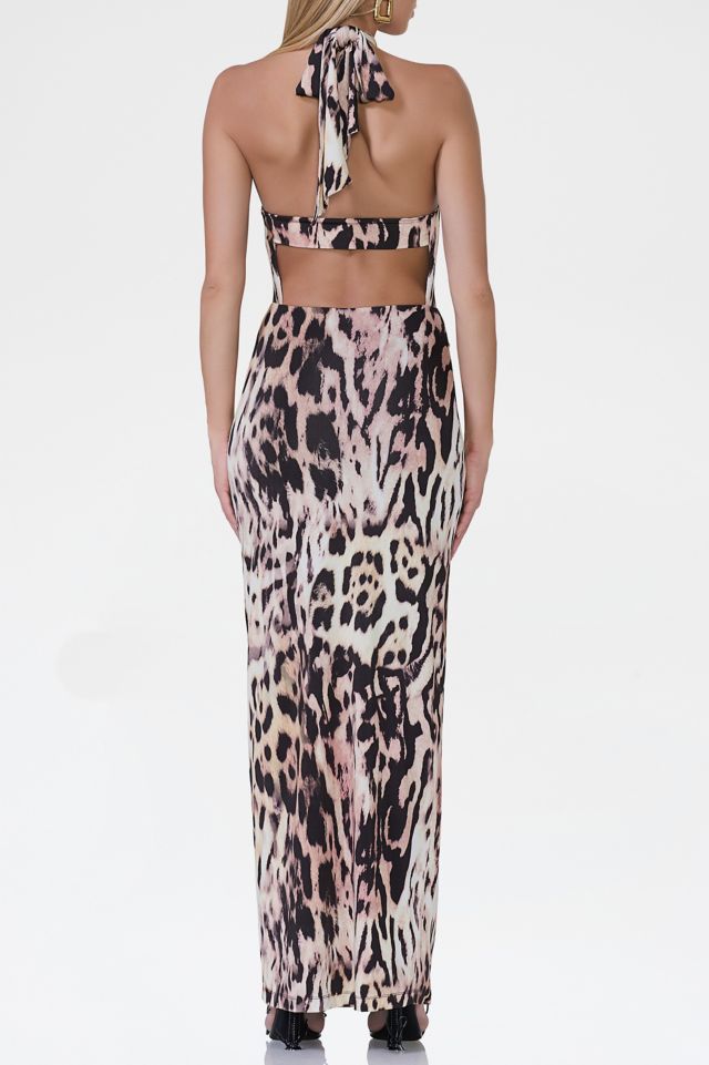 AFRM Genie Leopard Print Jersey Knit Halter Tie Maxi Dress #3