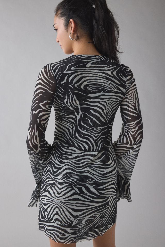 AFRM Kori Desert Zebra Tie-Front Keyhole Cutout Bell Sleeve Mini Dress #3