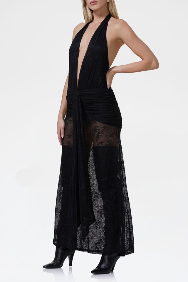 AFRM Heidi Sheer Lace Plunging Halter Maxi Dress #1