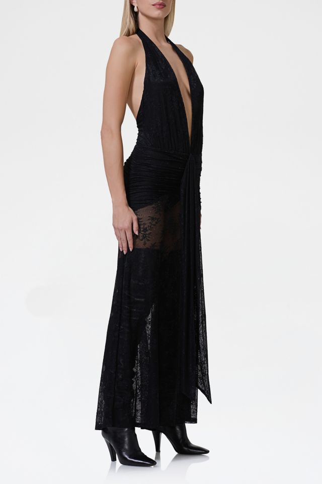 AFRM Heidi Sheer Lace Plunging Halter Maxi Dress #2