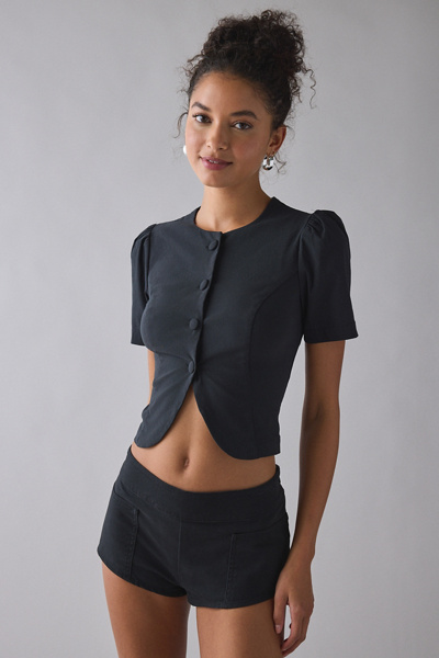 Kimchi Blue Olivia Button-up Peplum Cropped Blouse In Black, Women's At Urban Outfitters In Black