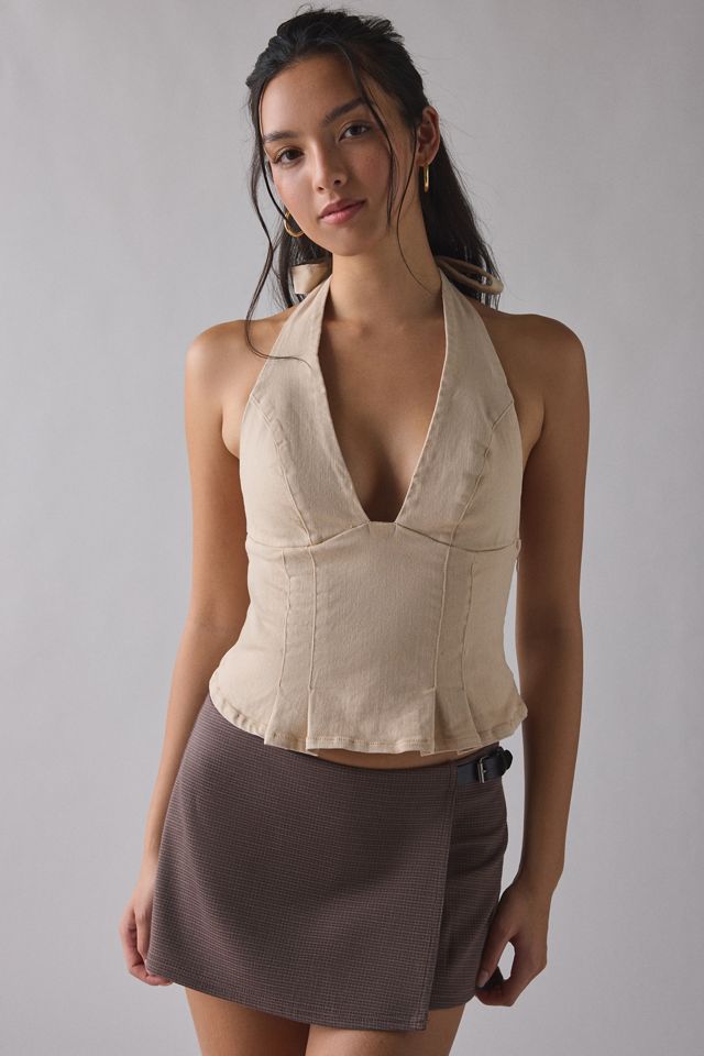 UO With Love Plunging Halter Denim Crop Top #1