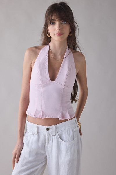 UO With Love Plunging Halter Denim Crop Top
