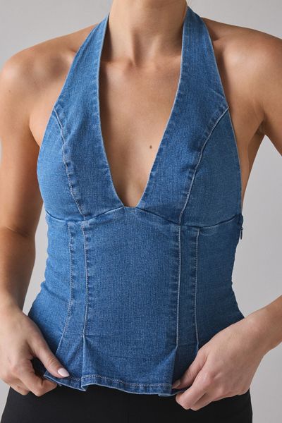 UO With Love Plunging Halter Denim Crop Top