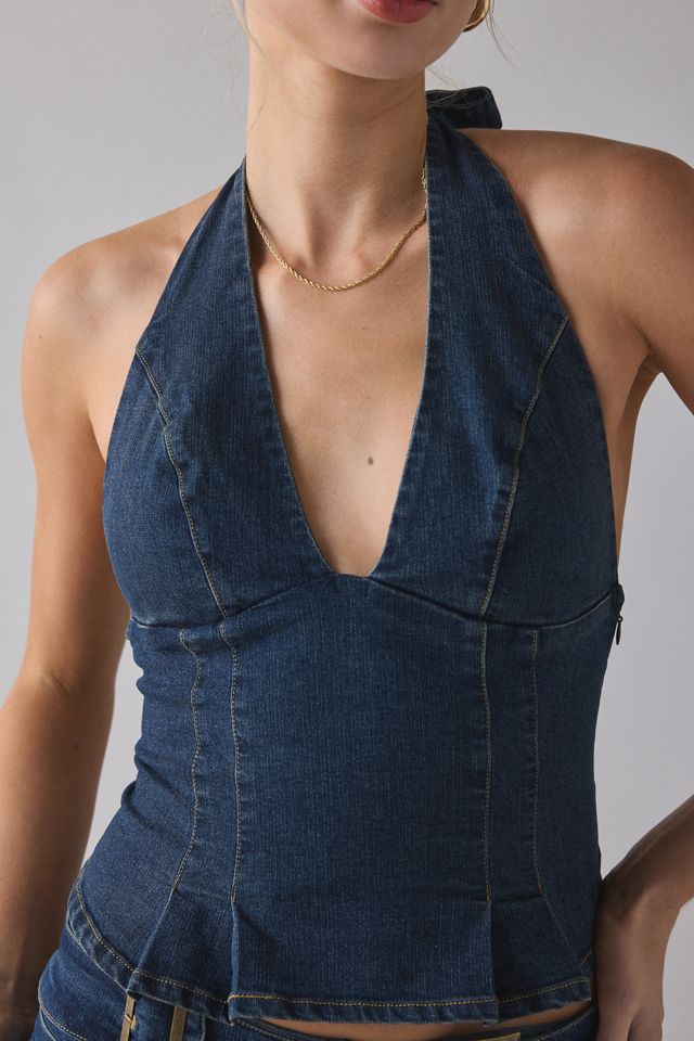 UO With Love Plunging Halter Denim Crop Top #1
