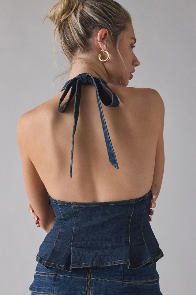 UO With Love Plunging Halter Denim Crop Top #3