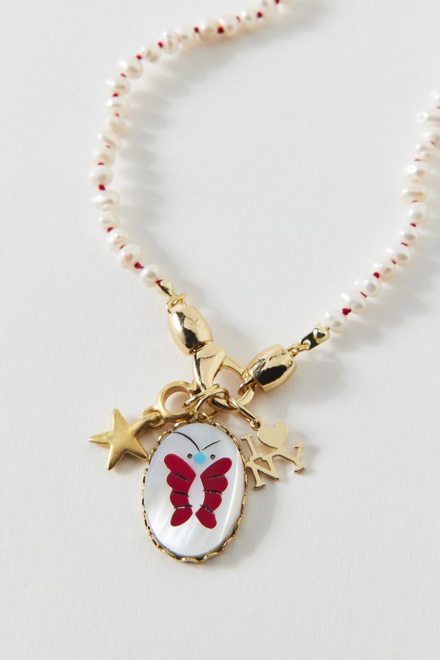 Vintage By The Sage Vintage Butterfly Pendant Beaded Charm Necklace #1
