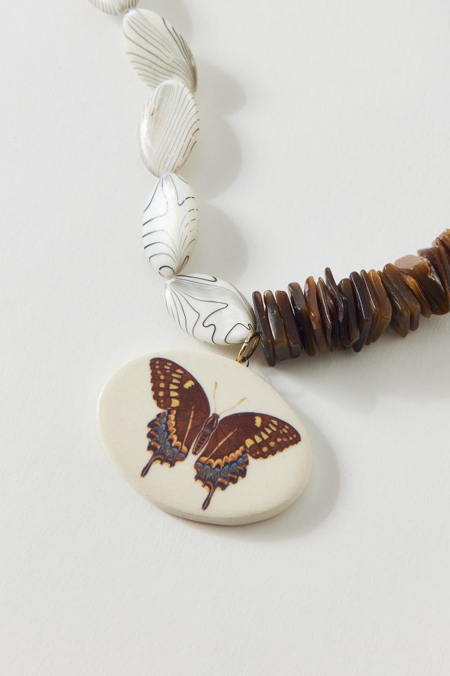 Vintage By The Sage Vintage Butterfly Pendant Wood Beaded Necklace #1