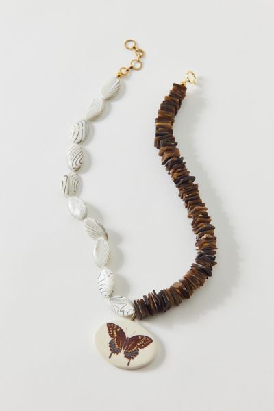 Vintage By The Sage Vintage Butterfly Pendant Wood Beaded Necklace