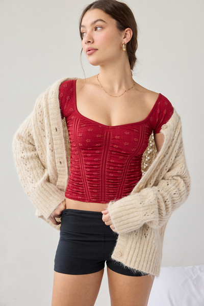 Out From Under Rosalie Ruched Seamless Knit Short Sleeve Top In Karanda Red, Women's At Urban Outfitters