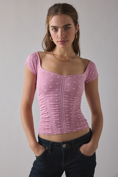 Out From Under Rosalie Ruched Seamless Knit Short Sleeve Top In Pink, Women's At Urban Outfitters In Pink