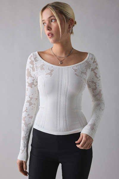 Out From Under Suraya Pointelle + Ribbed Seamless Knit Long Sleeve Top In Ivory, Women's At Urban Outfitters In White