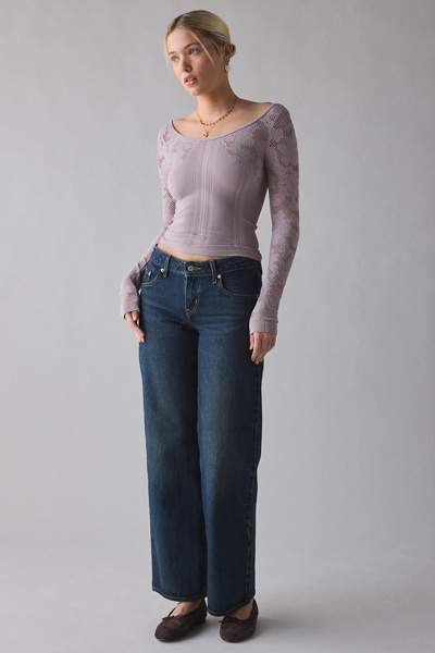 Out From Under Suraya Pointelle + Ribbed Seamless Knit Long Sleeve Top In Lilac, Women's At Urban Outfitters In Purple