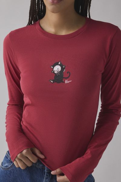 Kewpie Halloween Cat Graphic Long Sleeve Slim Tee