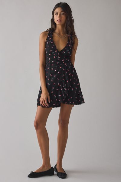 UO Wrapped In You Plunging Ruffle Mesh Mini Dress
