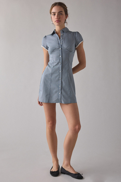 Kimchi Blue On My Mind Tailored Short Sleeve Shirt Mini Dress In Blue, Women's At Urban Outfitters In Blue
