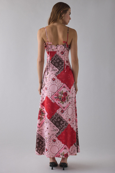 UO Tied With A Bow Lace + Ribbon Trim Satin Slip Maxi Dress