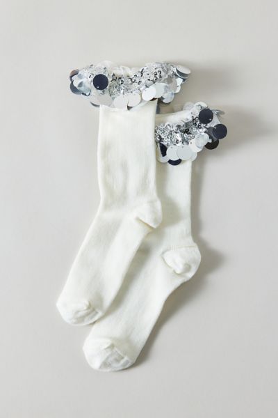 Urban Outfitters Sequined Cuff Crew Sock In Ivory, Women's At  In White
