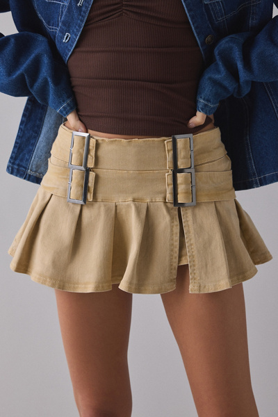 BDG Double Trouble Belted Denim Micro Mini Skort in Beige, Women's at Urban Outfitters