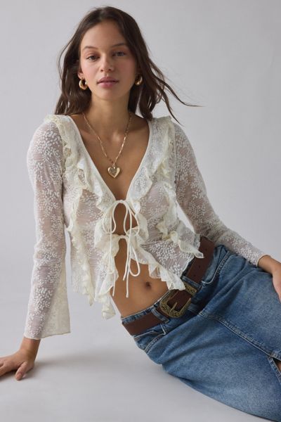 Kiss The Sky Lola Sheer Lace Tie-front Ruffle Top In White, Women's At Urban Outfitters
