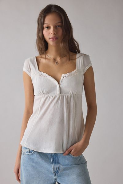 BDG Sawyer Lace Trim Short Sleeve Babydoll Top