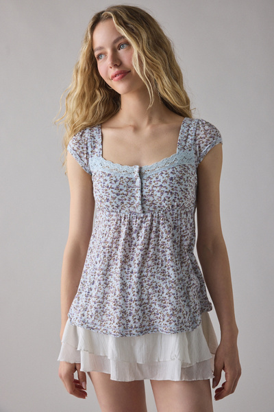 BDG Sawyer Lace Trim Short Sleeve Babydoll Top