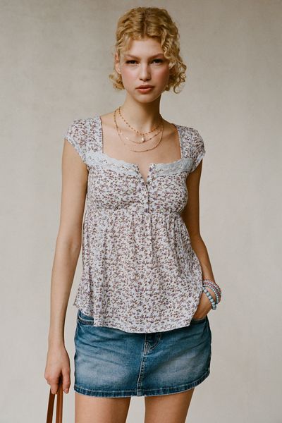 BDG Sawyer Lace Trim Short Sleeve Babydoll Top