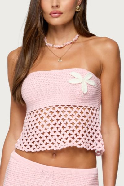 Edikted Tahna Flower Strapless Crochet Top In Pink