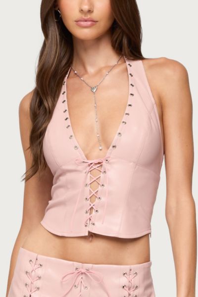 Edikted Elisha Lace Up Faux Leather Halter Top In Pink, Women's At Urban Outfitters In Pink