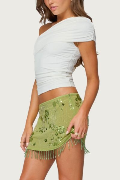 Edikted Sheer Sequin Bead Fringed Mini Skirt In Green, Women's At Urban Outfitters