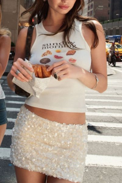 Edikted Evelina Sequin Mini Skort In Cream, Women's At Urban Outfitters In White