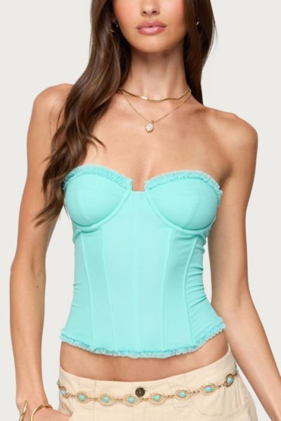 Edikted Deirdre Mesh Lace Up Corset In Turquoise, Women's At Urban Outfitters In Blue