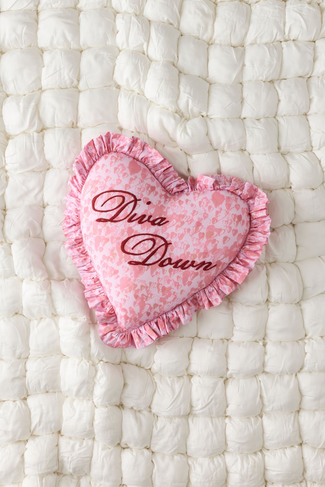 Diva Down Embroidered Heart Ruffle Throw Pillow - Pink, Regular, ONE SIZE