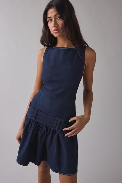 UO Mod-Ern Wide Belted Drop Waist Mini Dress