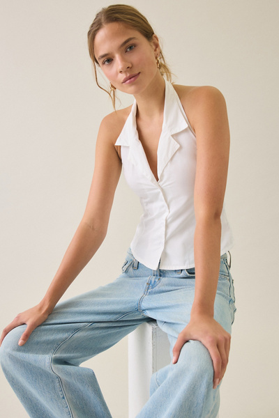 Motel Mikanu Collared Halter Neck Button-Down Top in White, Women's at Urban Outfitters
