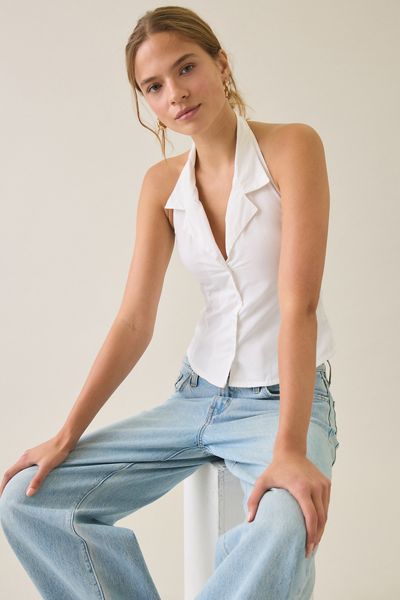 Motel Mikanu Collared Halter Neck Button-Down Top