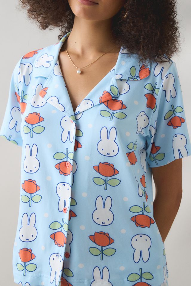 Miffy Flower Print Short Sleeve Button-Down Top + Shorts 2-Piece PJ Set #1
