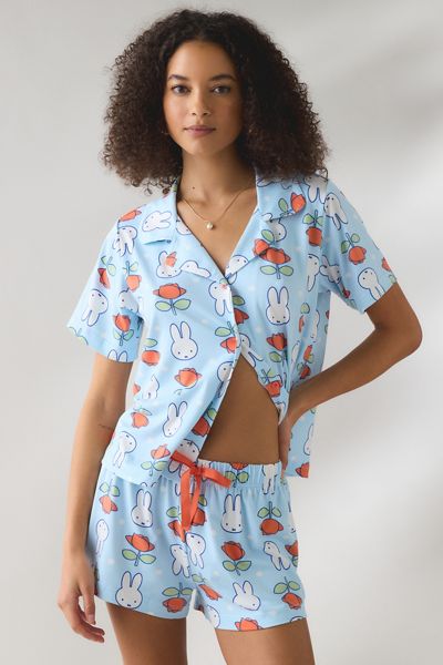 Miffy Flower Print Short Sleeve Button-Down Top + Shorts 2-Piece PJ Set