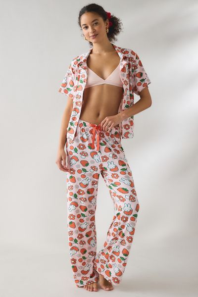 Miffy Cherry + Mushroom Print Short Sleeve Button-Down Top + Pant 2-Piece PJ Set