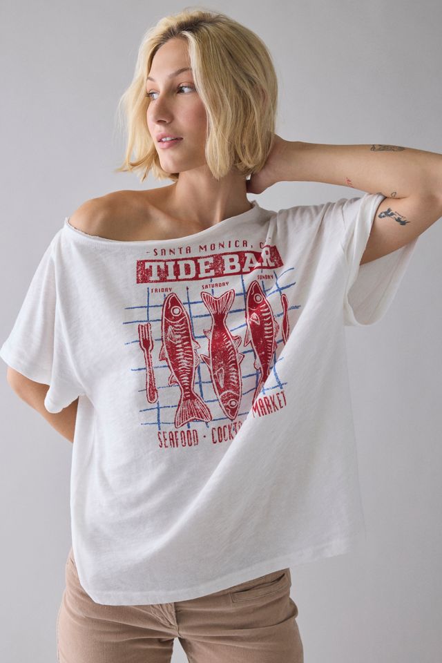 BDG Courtney Santa Monica Fish Graphic Off-The-Shoulder Oversized Tee #3