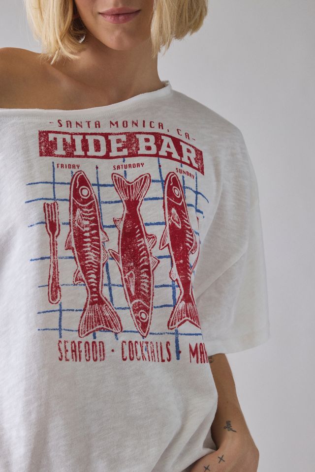 BDG Courtney Santa Monica Fish Graphic Off-The-Shoulder Oversized Tee #4