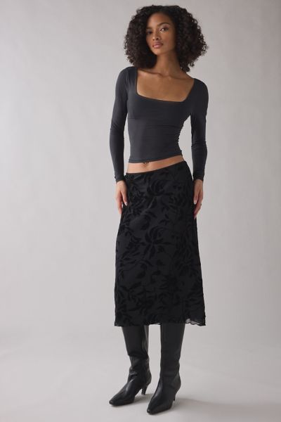 Motel Atira Flocked Floral Mesh Low-Rise Slip Midi Skirt
