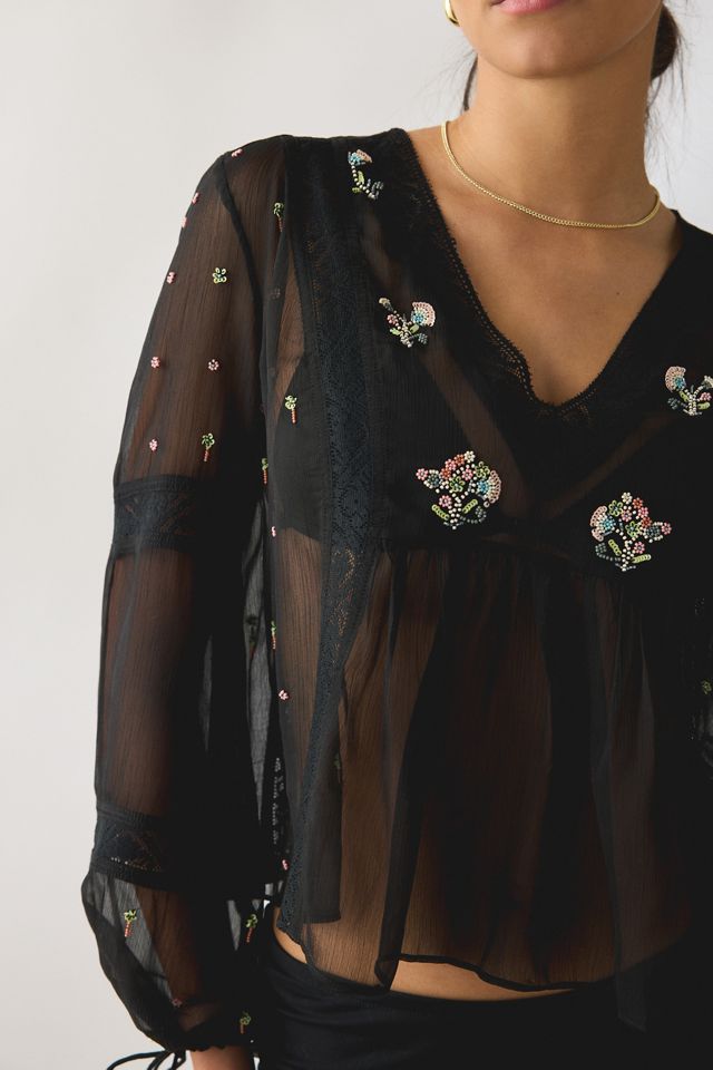 Kimchi Blue Lara Floral Embroidered Sheer Long Sleeve Blouse #1