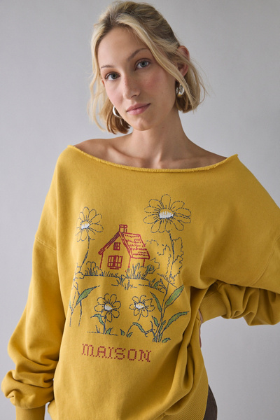 Urban Outfitters Maison Cross Stitch Graphic Off-the-shoulder Oversized Pullover Top In Yellow, Women's At Urban Outf In Gold